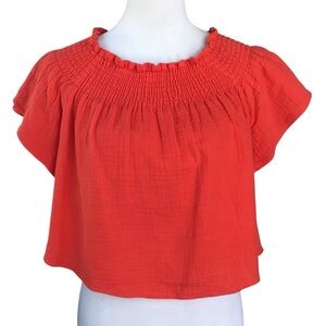 Apiece Apart Red Smocked Neck Flutter Sleeve Crop Top